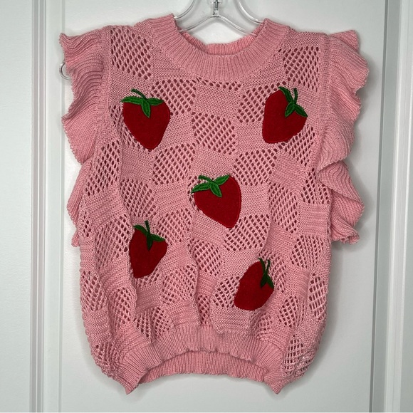 Tops - Pink Knit Sweater with Red Strawberry Design Sz Small Flutter Sleeve Soft Cozy